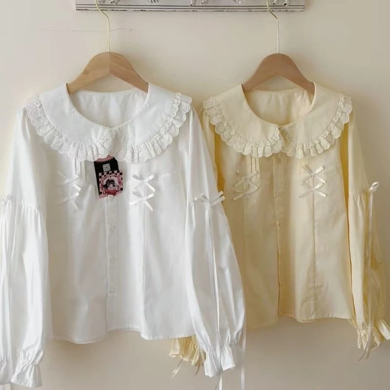 Camicie Kawaii stile giapponese Deeptown Donna Dolce fiocco Camicette bianche con volant Lolita Camicia a maniche lunghe gialla stile preppy vintage