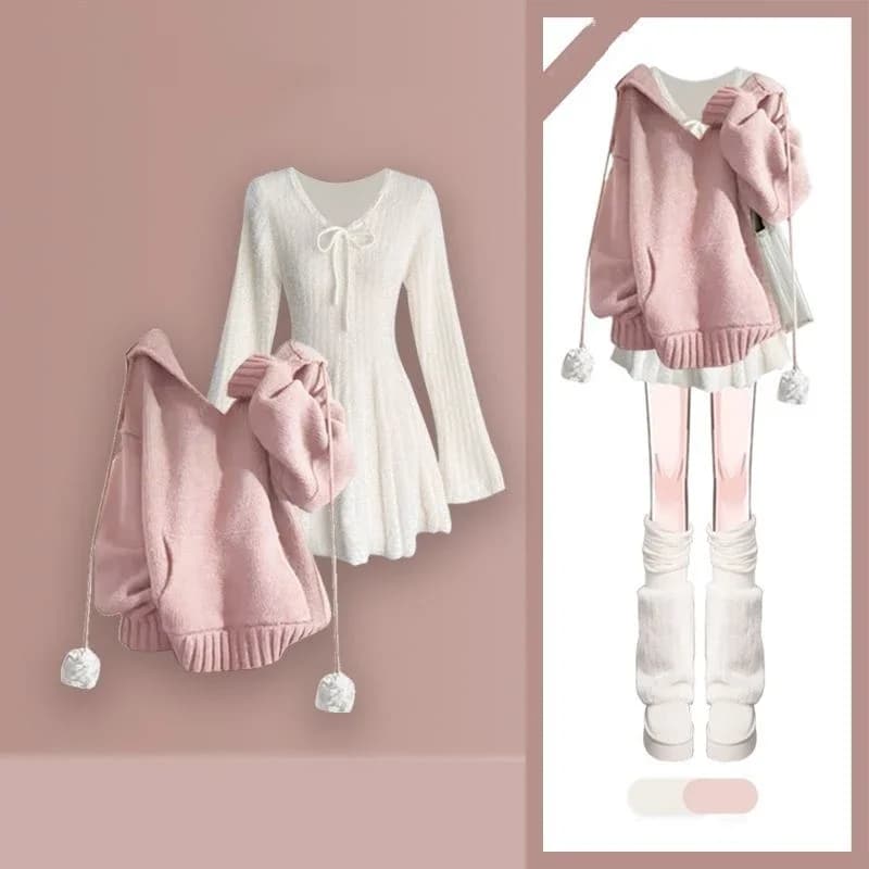 Felpe con pompon con cappuccio rosa dolce autunno inverno da donna Abito in maglia Abiti a due pezzi Top larghi da donna Mini abiti Set di maglieria