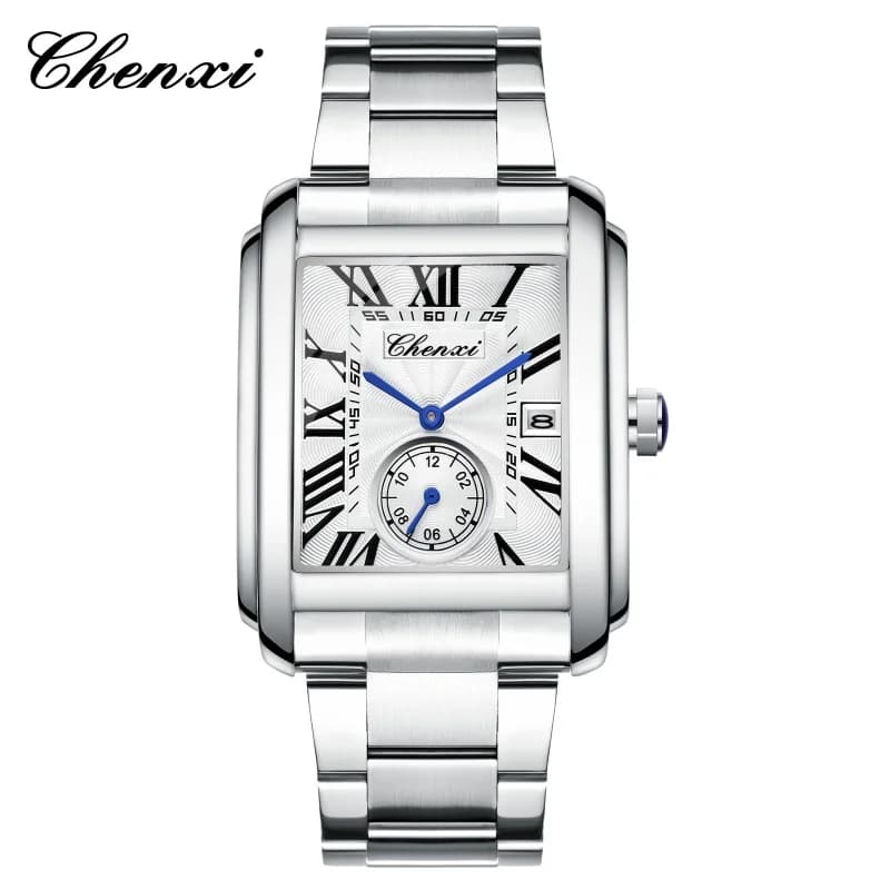 CHENXI 8216 Watches for Man Fashion Business Simple Quartz Watch Silvery Stainless Steel Strap Square Wristwatches for Male Gift
