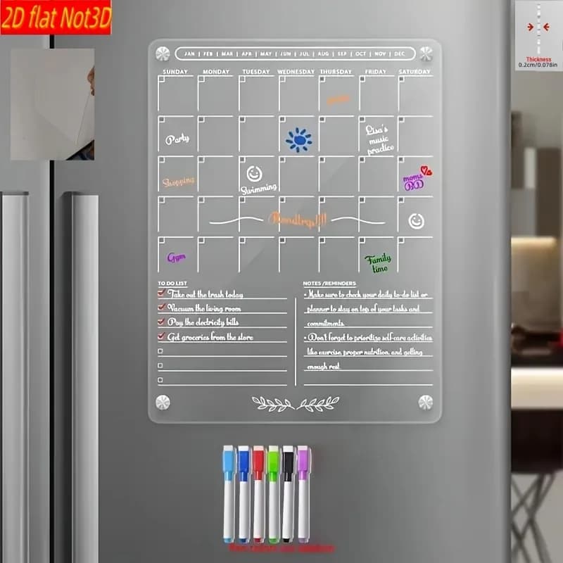 1 set di calendario magnetico per frigorifero in acrilico trasparente piatto 2D con pennarelli cancellabili a secco - Agenda mensile e settimanale per frigorifero