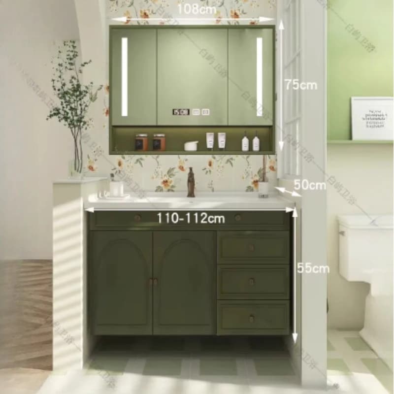 Natural Green Bathroom Cabinet Shelf Wood Drawers Vintage Sink Under Bathroom Cabinets Makeup Mirror Mobili Per Bagno Furniture