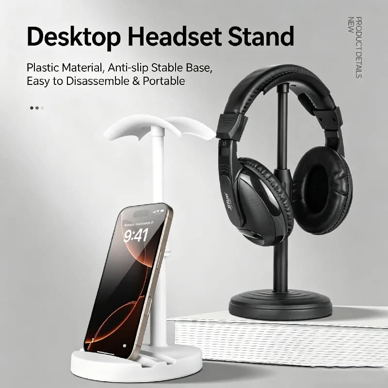 Adjustable Headphone Stand Desktop Headset Holder With Phone Tablet Slot, Plastic Earphone Display Rack For Gaming Headset