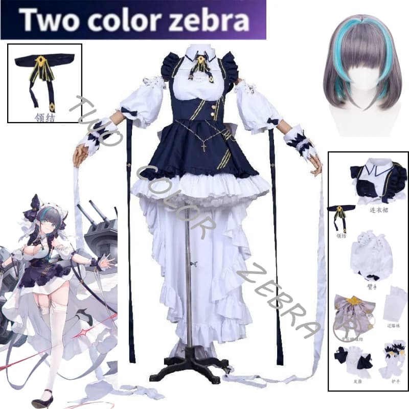 Costume Cosplay Anime Azur Lane, Abito da Cameriera Lolita HMS Cheshire, Set Completo con Parrucca per Halloween e Feste a Tema