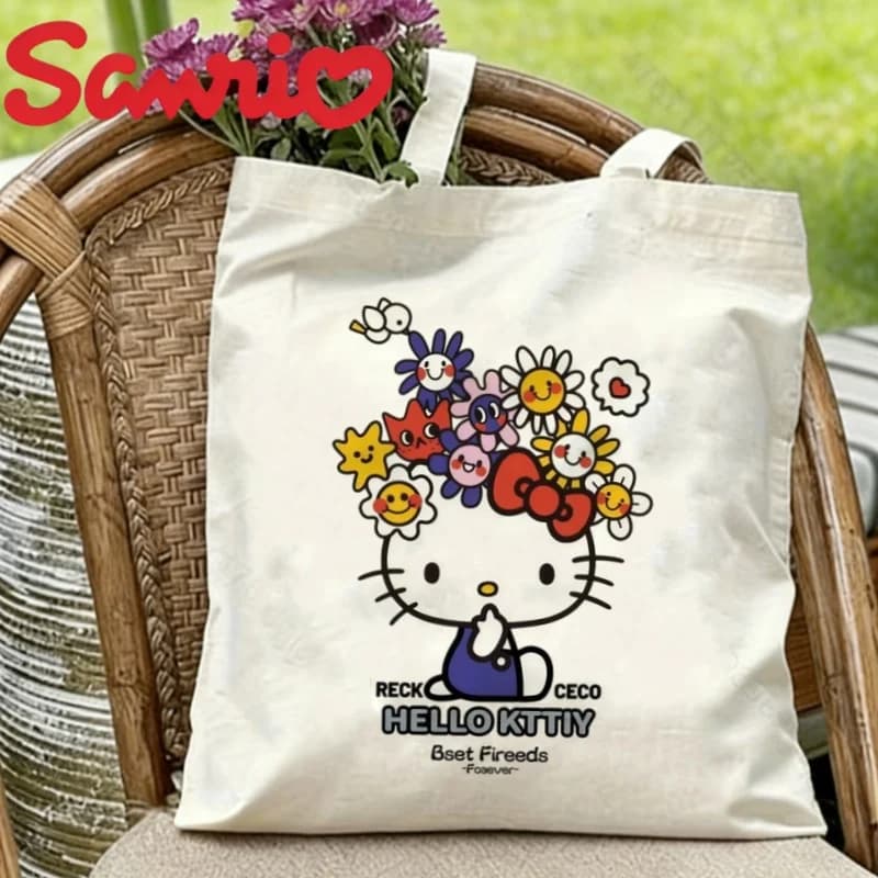 Borsa Shopper Casual in Tela con Stampa di Sanrio Kitty e Fiori - 1 Pezzo