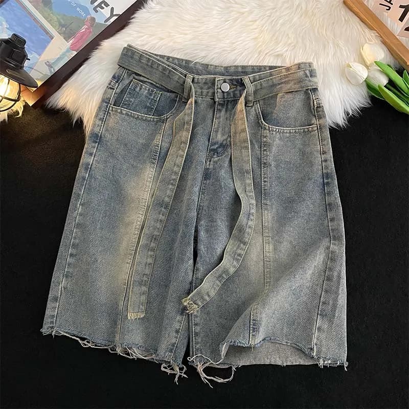 Pantaloncini di jeans estivi con frange sottili Pantaloni al ginocchio larghi casual giapponesi High Street Pantaloni belli blu versatili alla moda