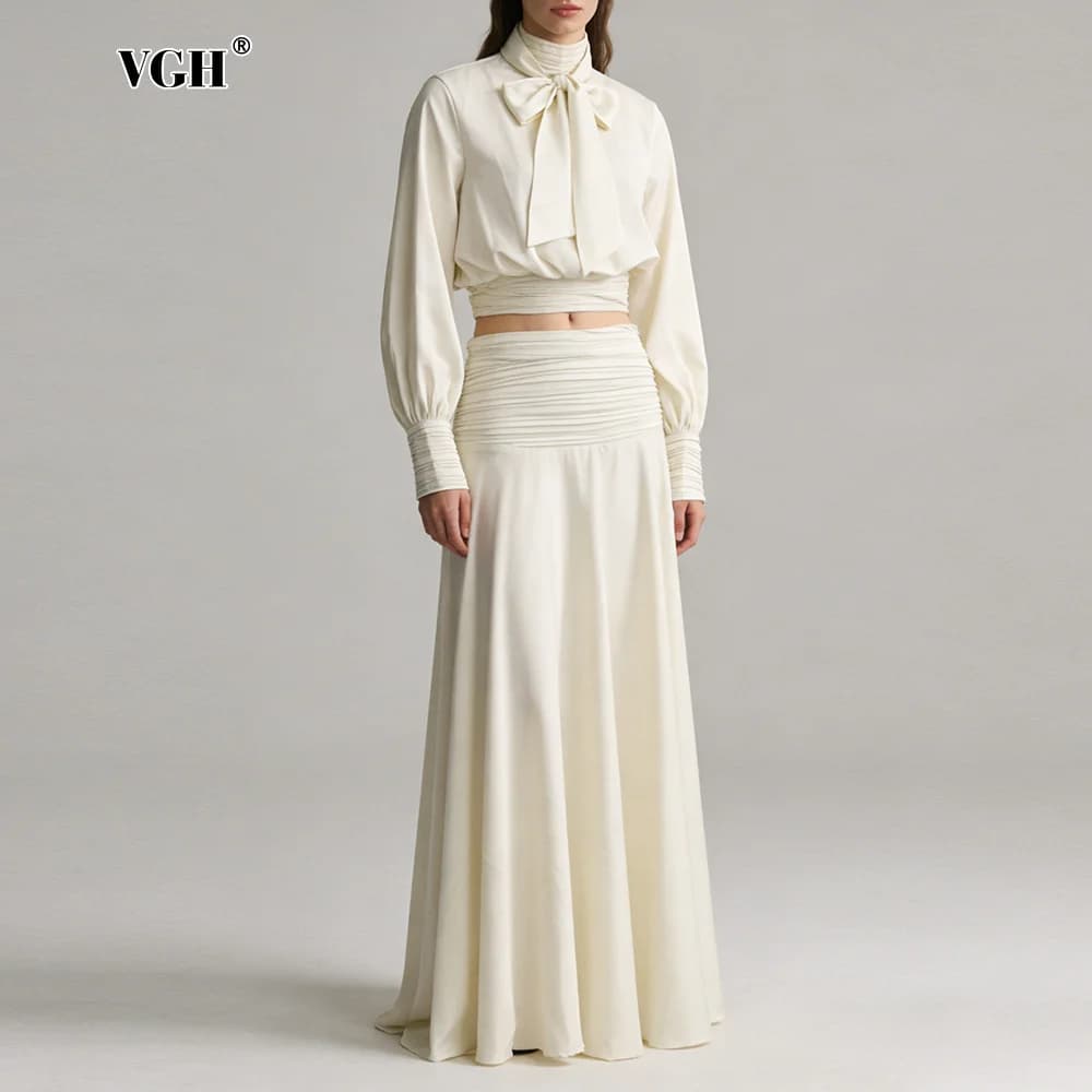 VGH Elegante Completo Due Pezzi Color Albicocca per Donna: Blusa con Colletto a Sciarpa e Maniche a Sbuffo, Gonna Midi Fluida per Ufficio ed Eventi Formali