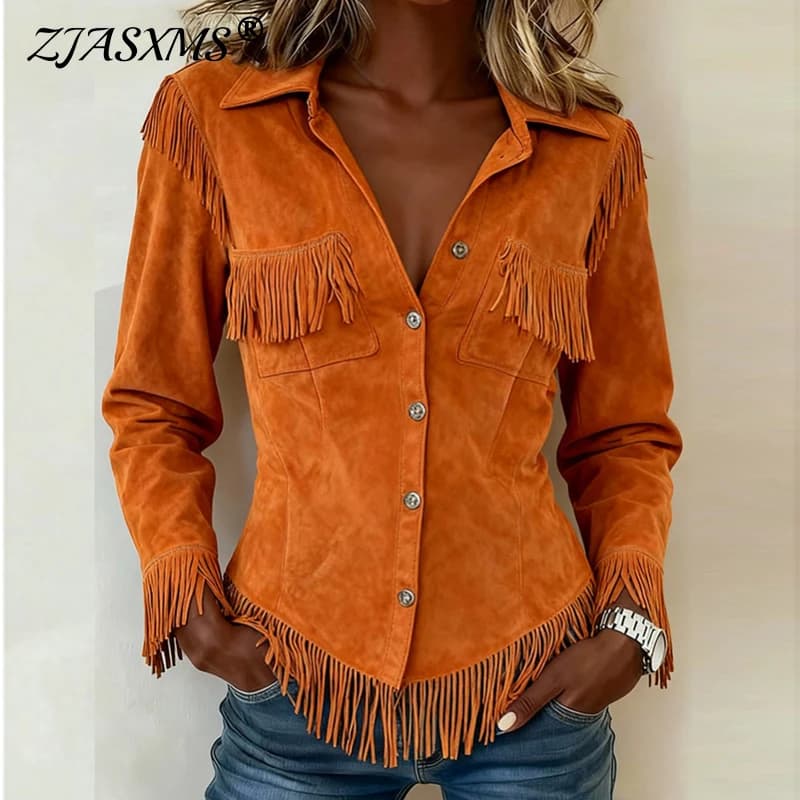 Retro Western Single Breaster Lapel Shirt Coat Woman Fashion Solid Suede Tassel Top Cardigan Autumn Long Sleeve Jacket Outerwear