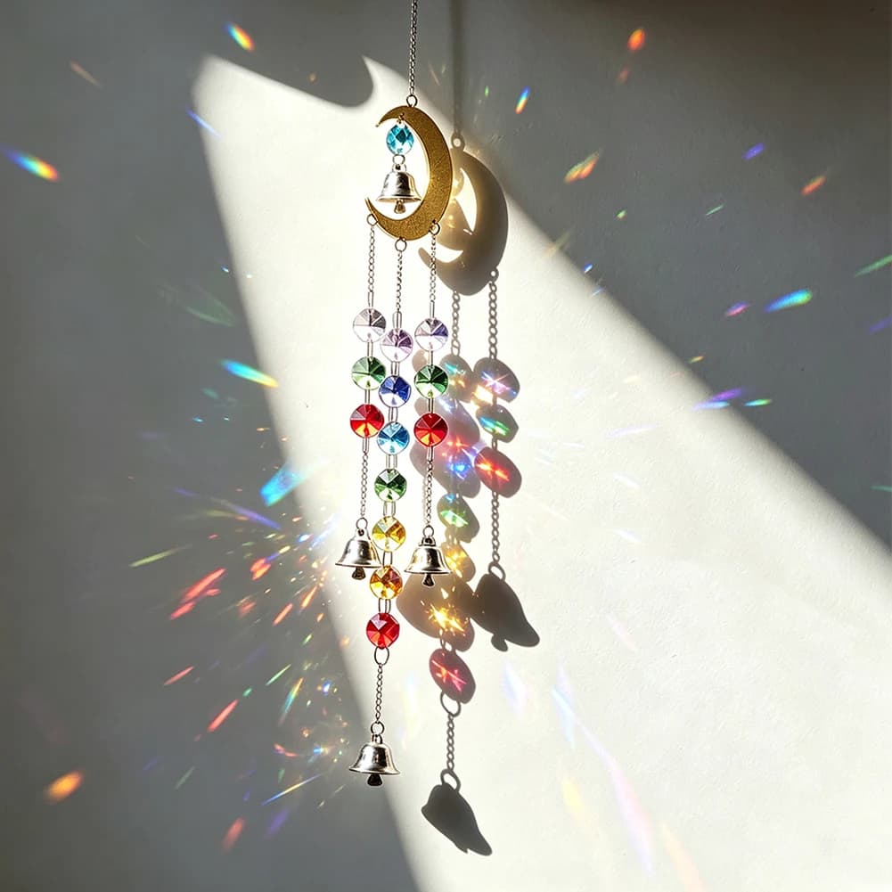 Boho Wind Chimes Crystal Suncatcher Crescent Moon Rainbow Maker Prism Bead Chain Hanging Spiritual Meditation Wicca Window Decor