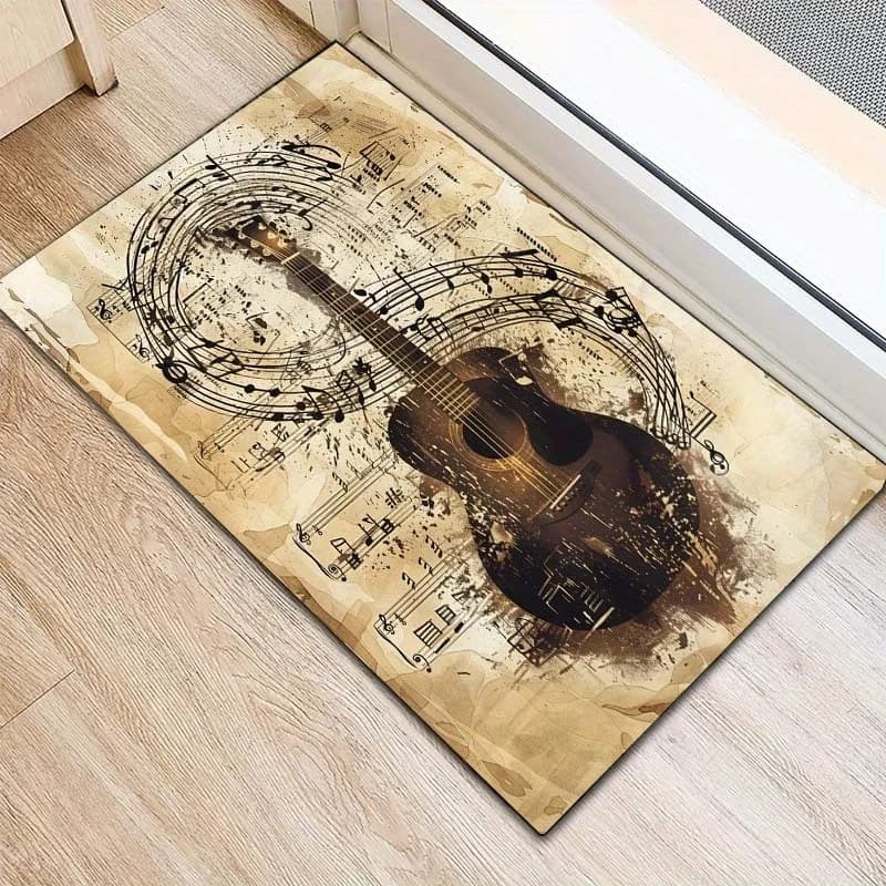 Vintage Distressed Acoustic Guitar Musical Note Paper Print Large Area Rug Soft Flannel Non Slip Floor Carpet for Living Room