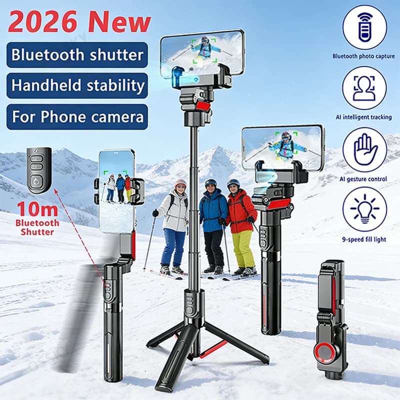 Nuovo Stabilizzatore con Tracciamento AI, Rotazione Automatica a 360°, Asta Selfie Pan-Tilt con Luce di Riempimento, Telecomando Bluetooth e Treppiede per Riprese Video e Vlog