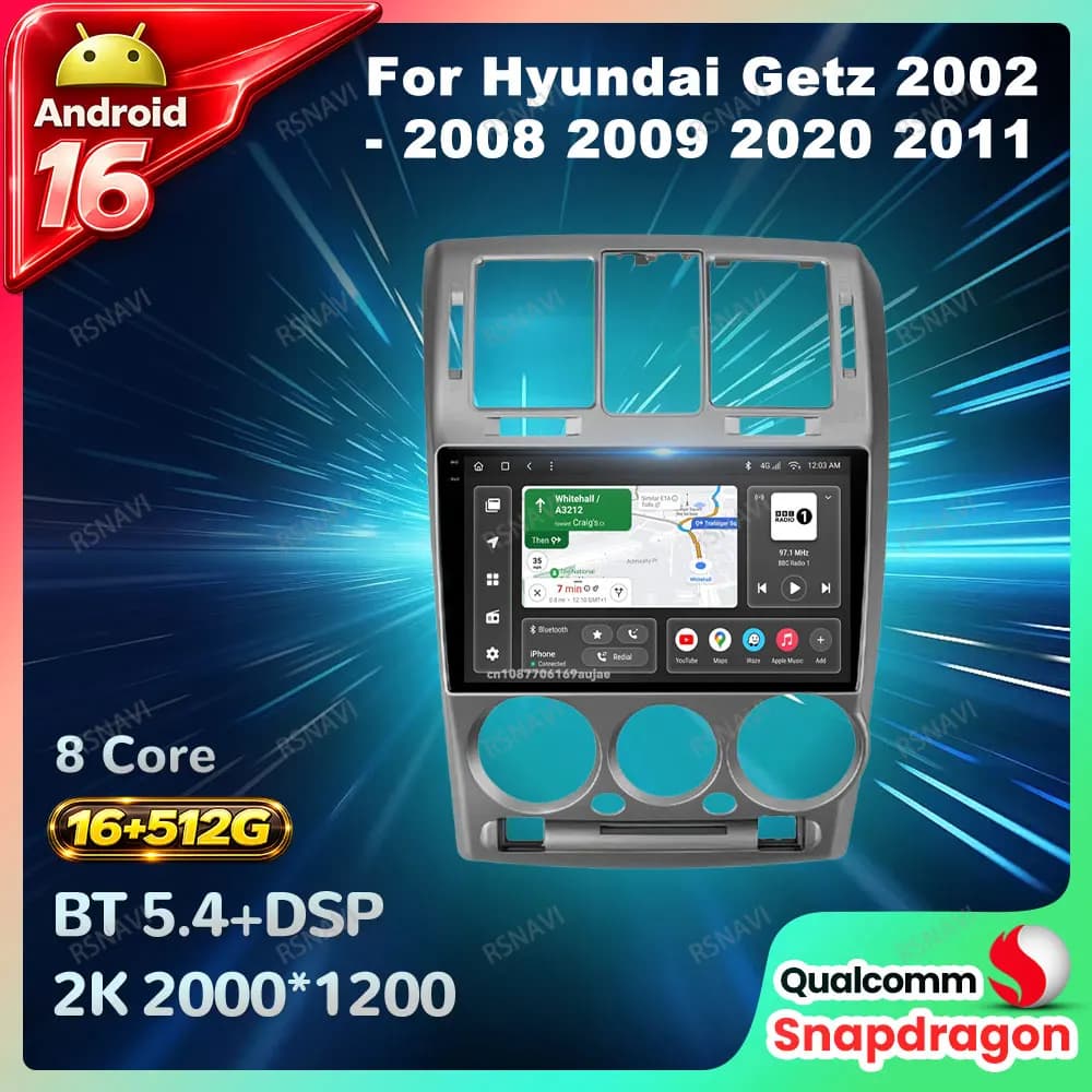 Car Radio Android 16 For Hyundai Getz 2002 - 2008 2009 2020 2011 Viedo Player BT 4G LTE DVD 2 DIN Wireless Carplay Auto Stereo
