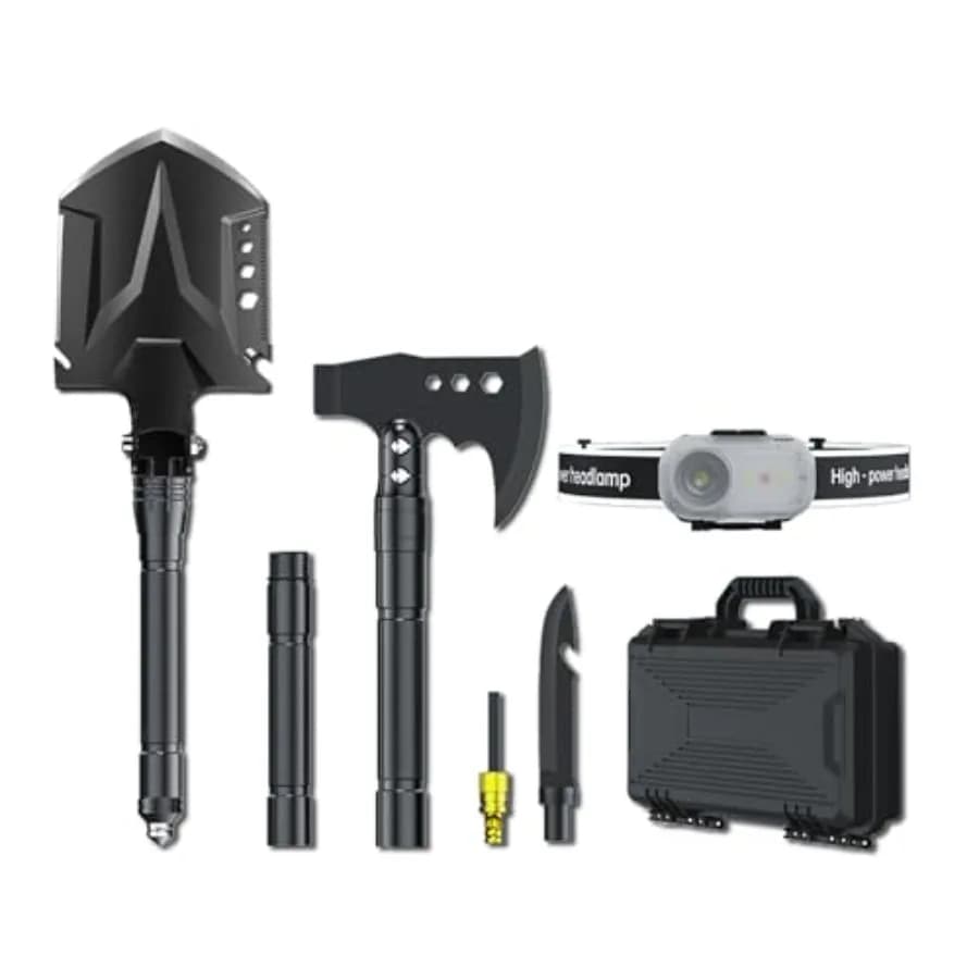 Set Pala e Ascia Pieghevoli per Campeggio ed Escursionismo: Multi-utensile in Acciaio ad Alto Tenore di Carbonio con Manico Regolabile 19.2-37.8 Pollici e Torcia Tattica