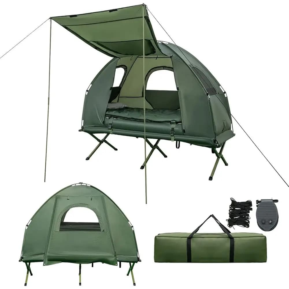 Tenda da Campeggio Multifunzionale per 2 Persone con Tettoia, Materasso ad Aria, Sacco a Pelo e Borsa per il Trasporto