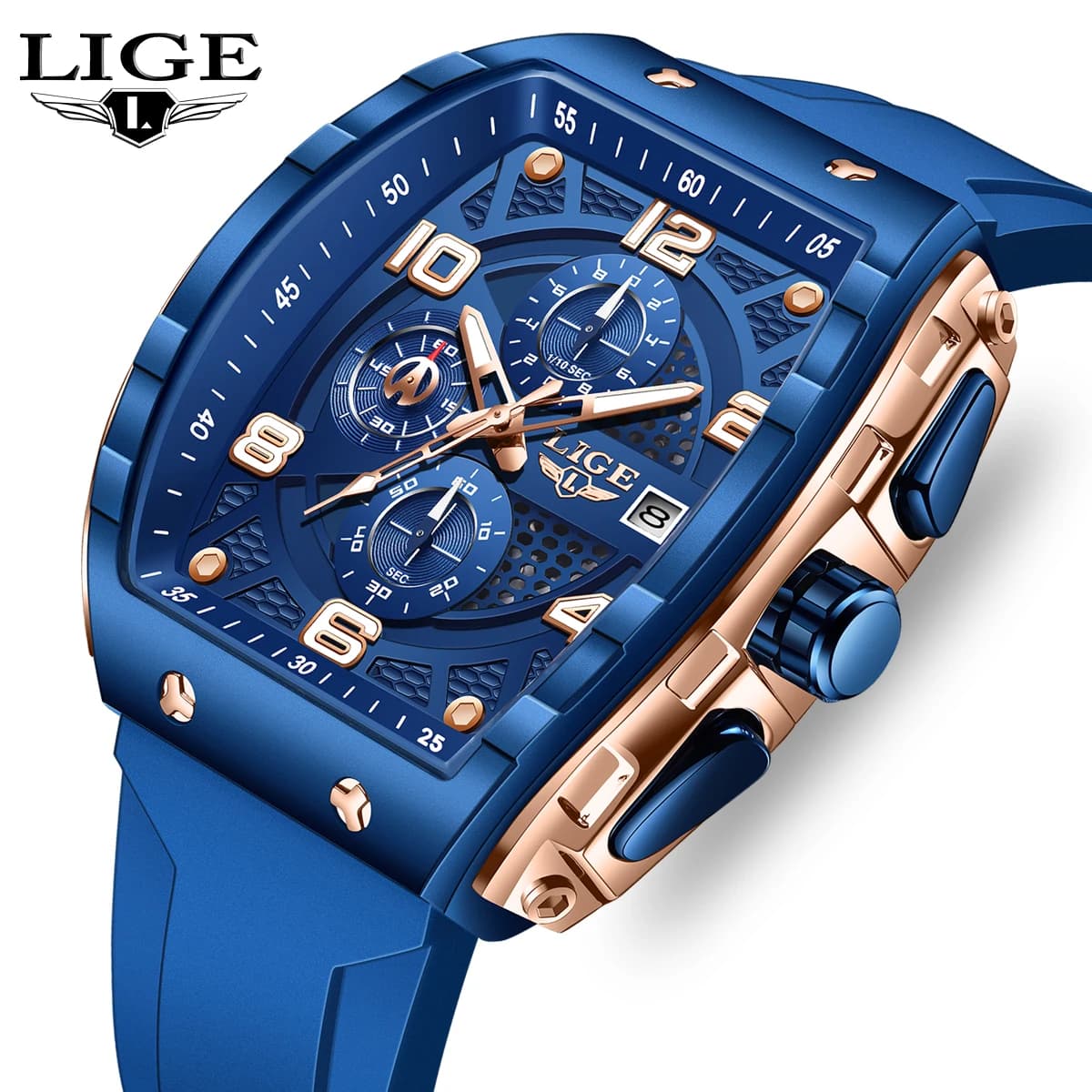LIGE Top Brand Men's Silicone Watches Luxury Square Quartz Wristwatch Waterproof Luminous Chronograph Watch for Men Date Clock