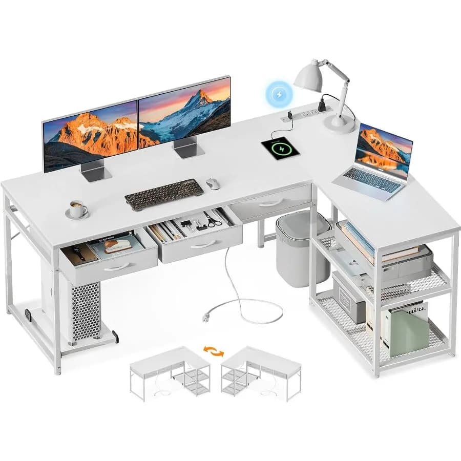 Scrivania per computer a forma di L da 61 pollici con cassetti per l'home office e la configurazione di giochi Scrivania ad angolo con prese di corrente integrate e Re