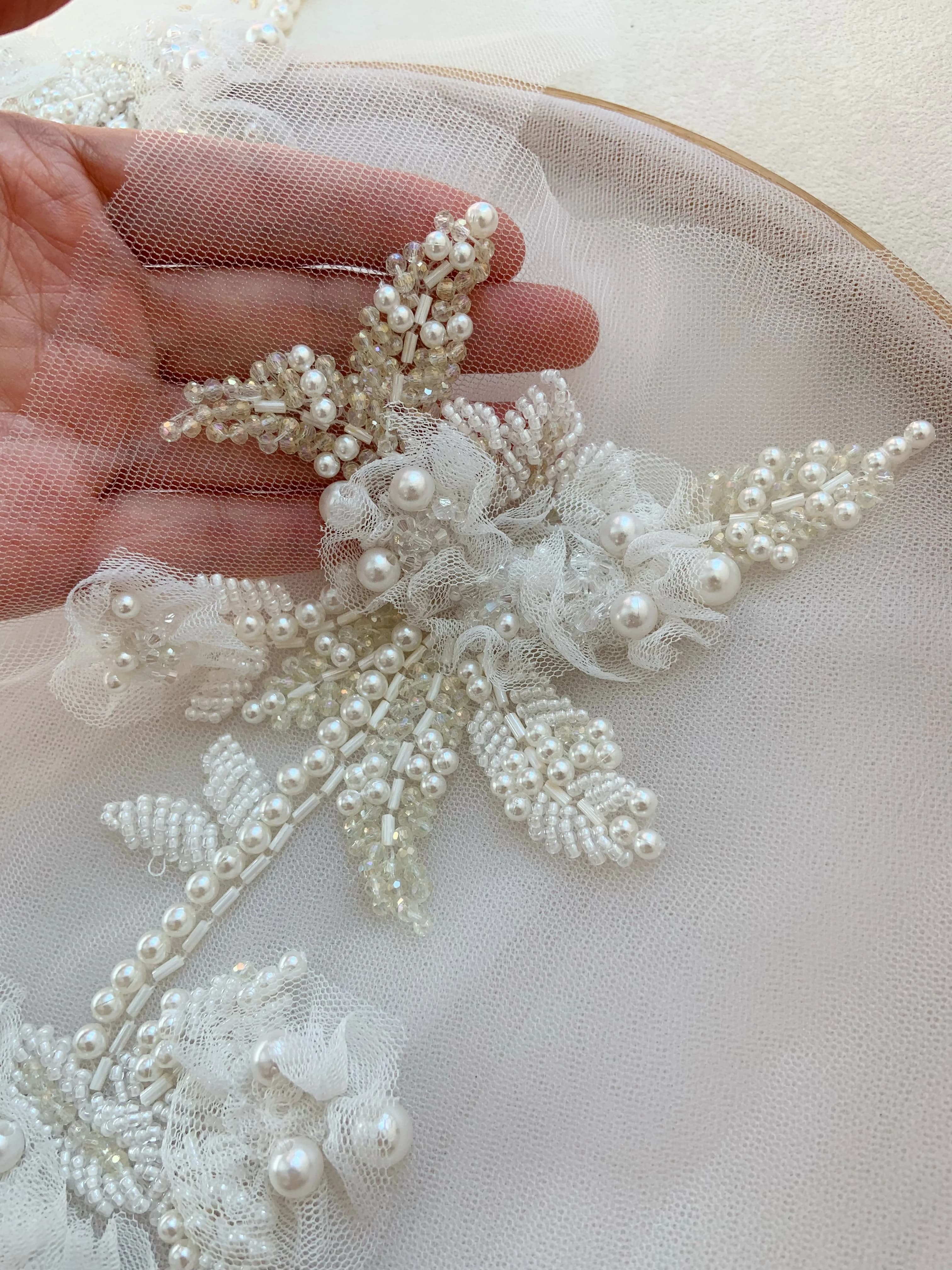 1 Piece Beige Heavy French Seed Beaded Lace Patch with Pearl Flower Applique for Bridal Decor,Couture Accessories,Dance Costume