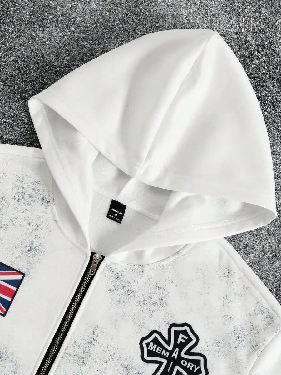 Felpa bianca da uomo con zip e stampa della bandiera britannica e lettere incrociate, abbigliamento casual da strada