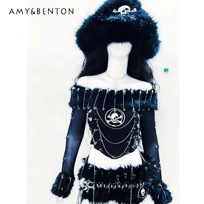 Nuovo gilet da donna con spilla grande originale dolce fresco sexy gonna con bordo peloso ragazza calda Halloween Natale gotico scuro abbigliamento da donna