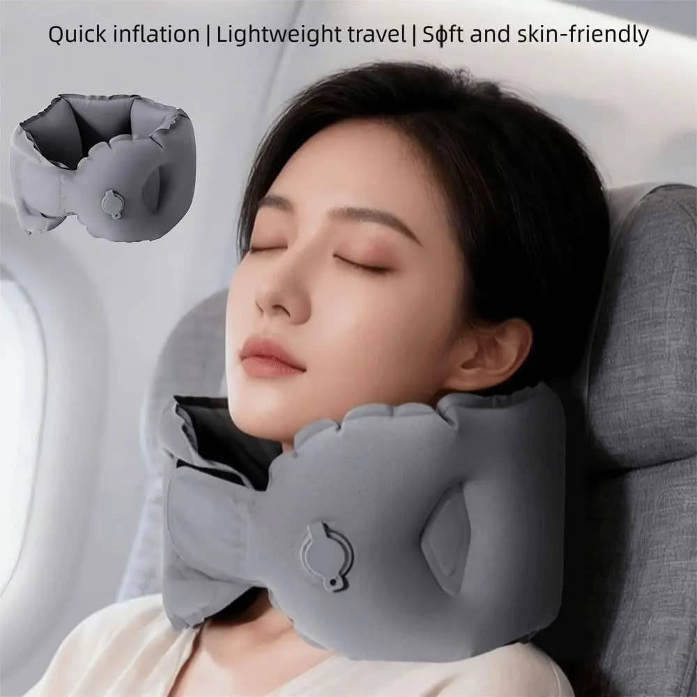 Cuscino da viaggio gonfiabile a forma di U traspirante con scatola portaoggetti, comodo e morbido, facile da trasportare, cuscino per il collo a forma di anello