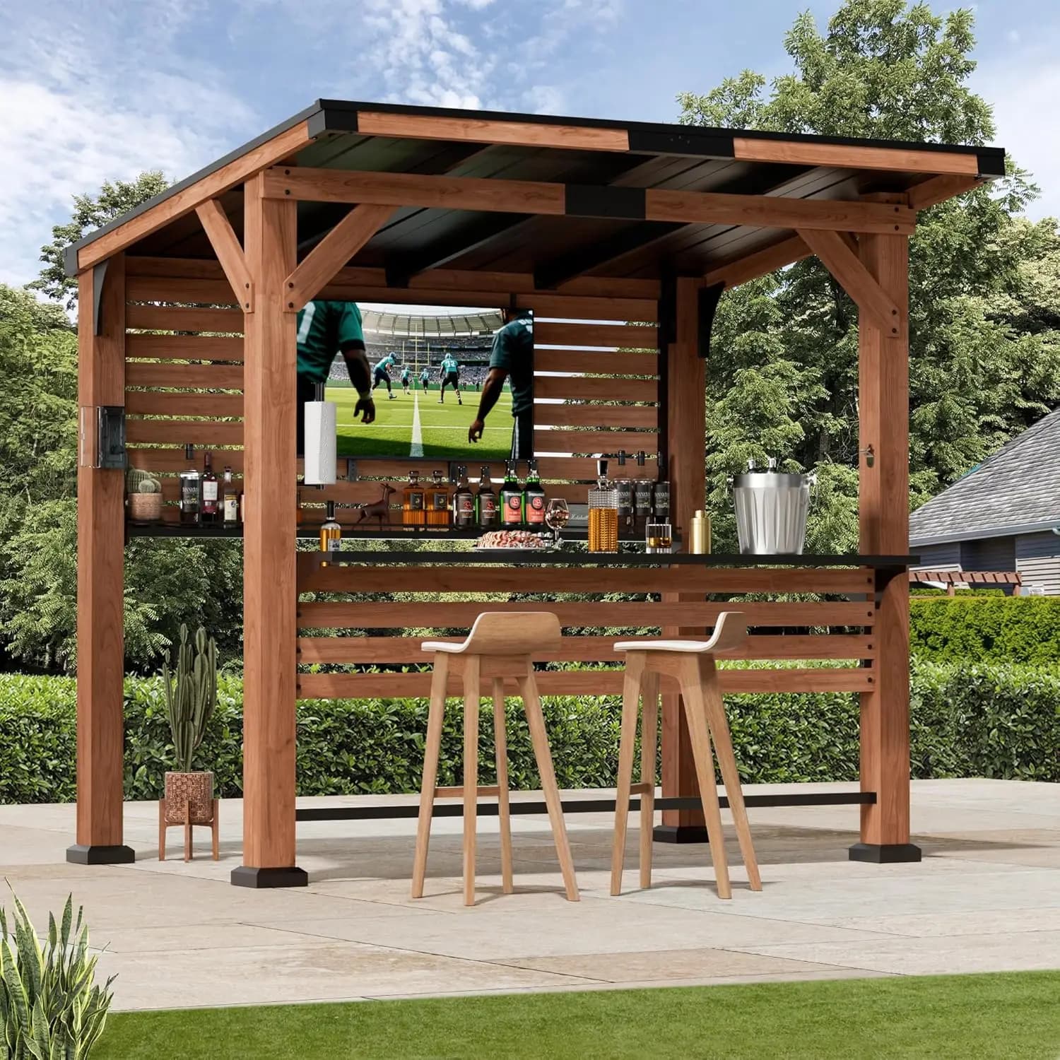 Centro Bar in Legno di Cedro con Scaffali, Portarotoli, Tetto in Acciaio, Supporto TV, Multipresa, per Patio e Giardino, Personalizzabile