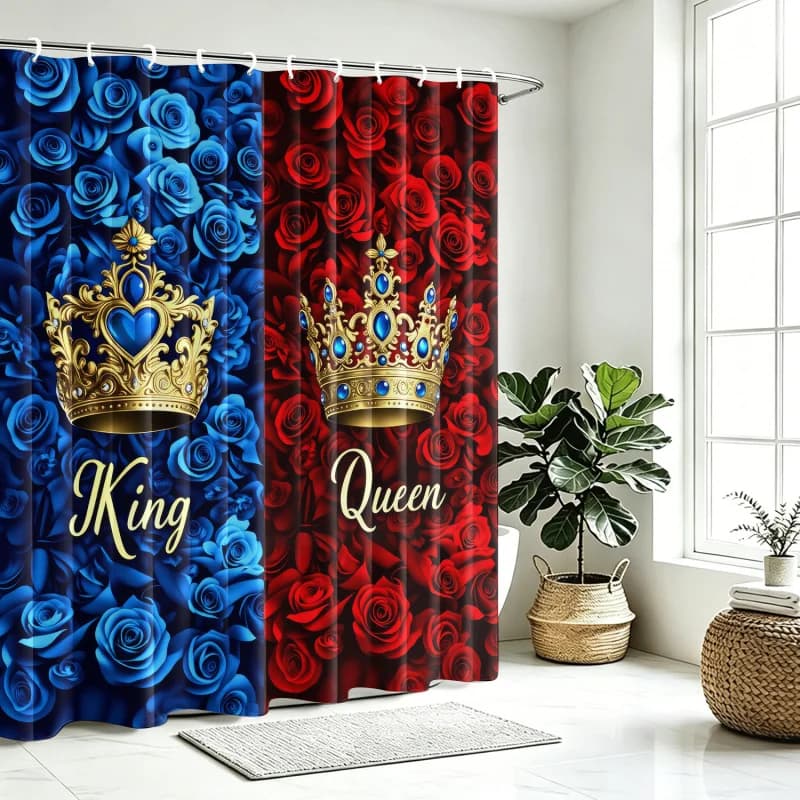 Crown Rose Themed Luxury Rose Diamond Crown Pattern Shower Curtain Set, Bathroom Curtains, Bathroom Decorative Shower Curtain