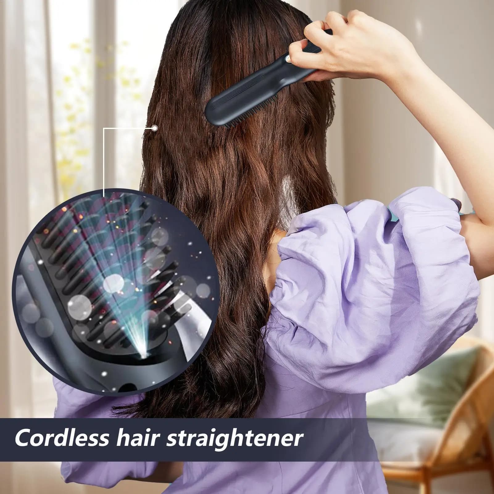 Rechargeable smoothing brush with negative ion hair plate at 3 times for woman, volumizing, home cream effect control