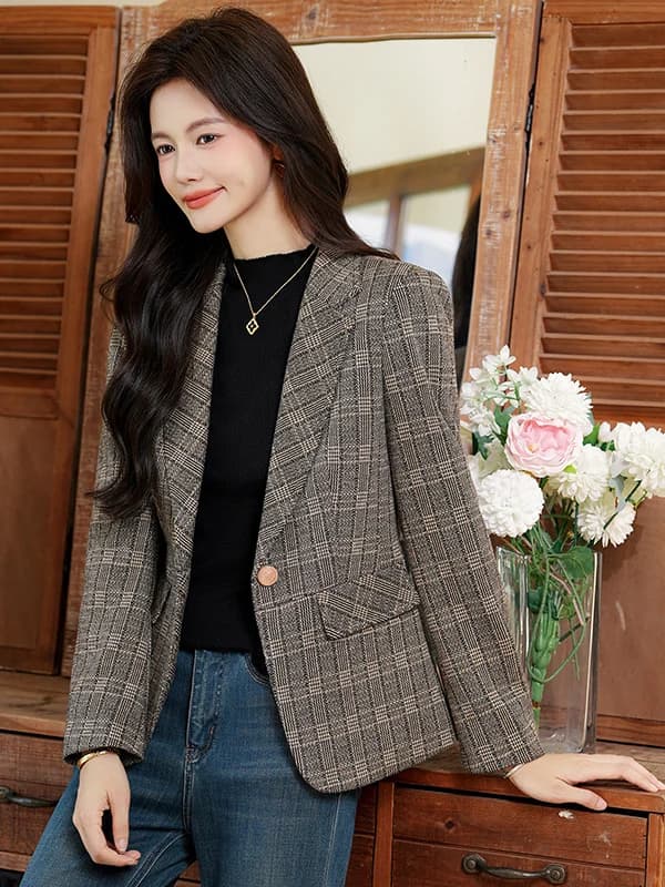 Plaid Suit Jacket Women's Early Autumn New Simple Elegant Vintage Commute Professional Long Sleeve Small Western Style