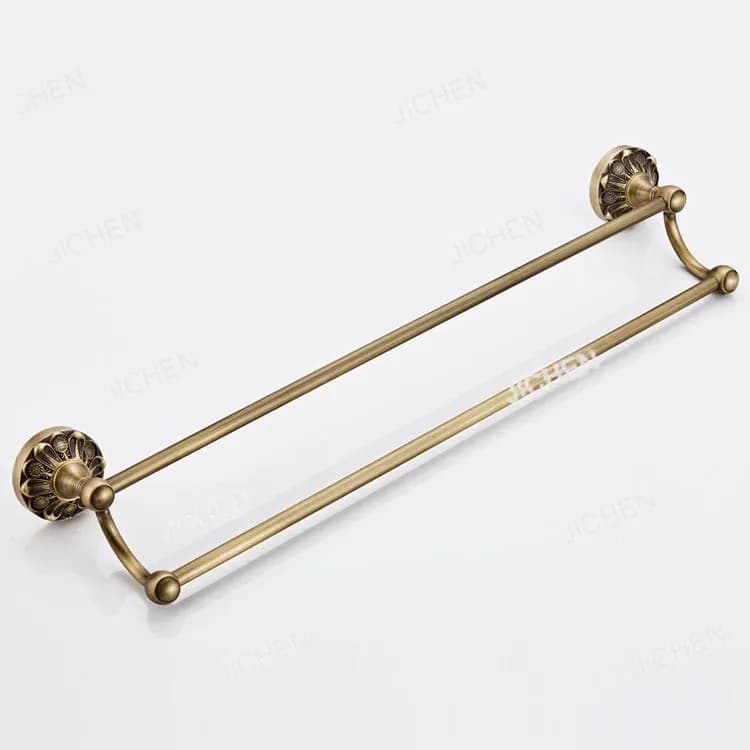 Nuovo portasciugamani doppio da 55 cm, rotondo, con base goffrata, in bronzo, lavorazione artigianale antica, finitura spazzolata fine