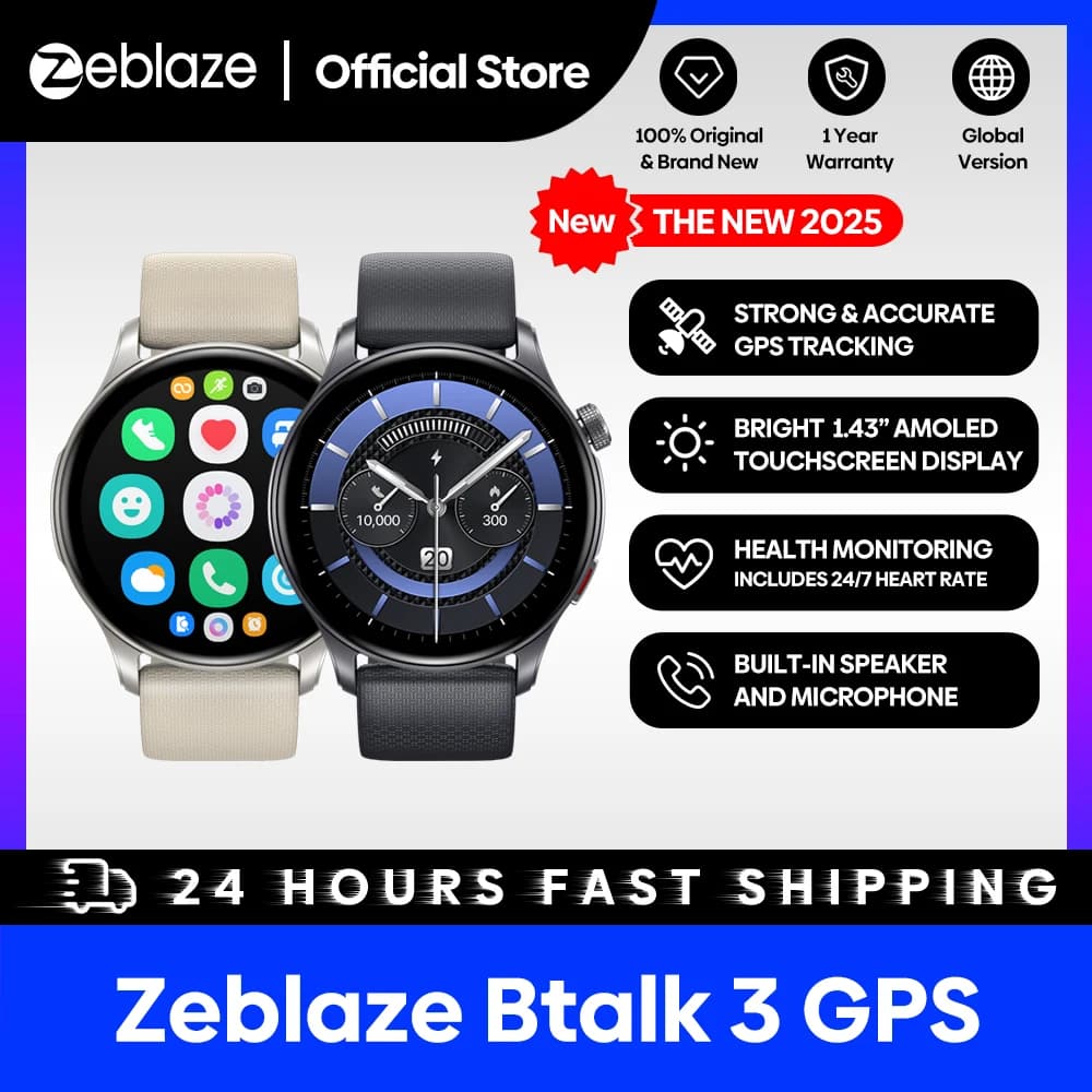 Nuovo Zeblaze Btalk 3 GPS Smartwatch 1.43 "Schermo AMOLED Doppia cinturino Fare/Inviare le chiamate telefoniche Frequenza cardiaca SpO2 Orologio per il monitoraggio dello stress