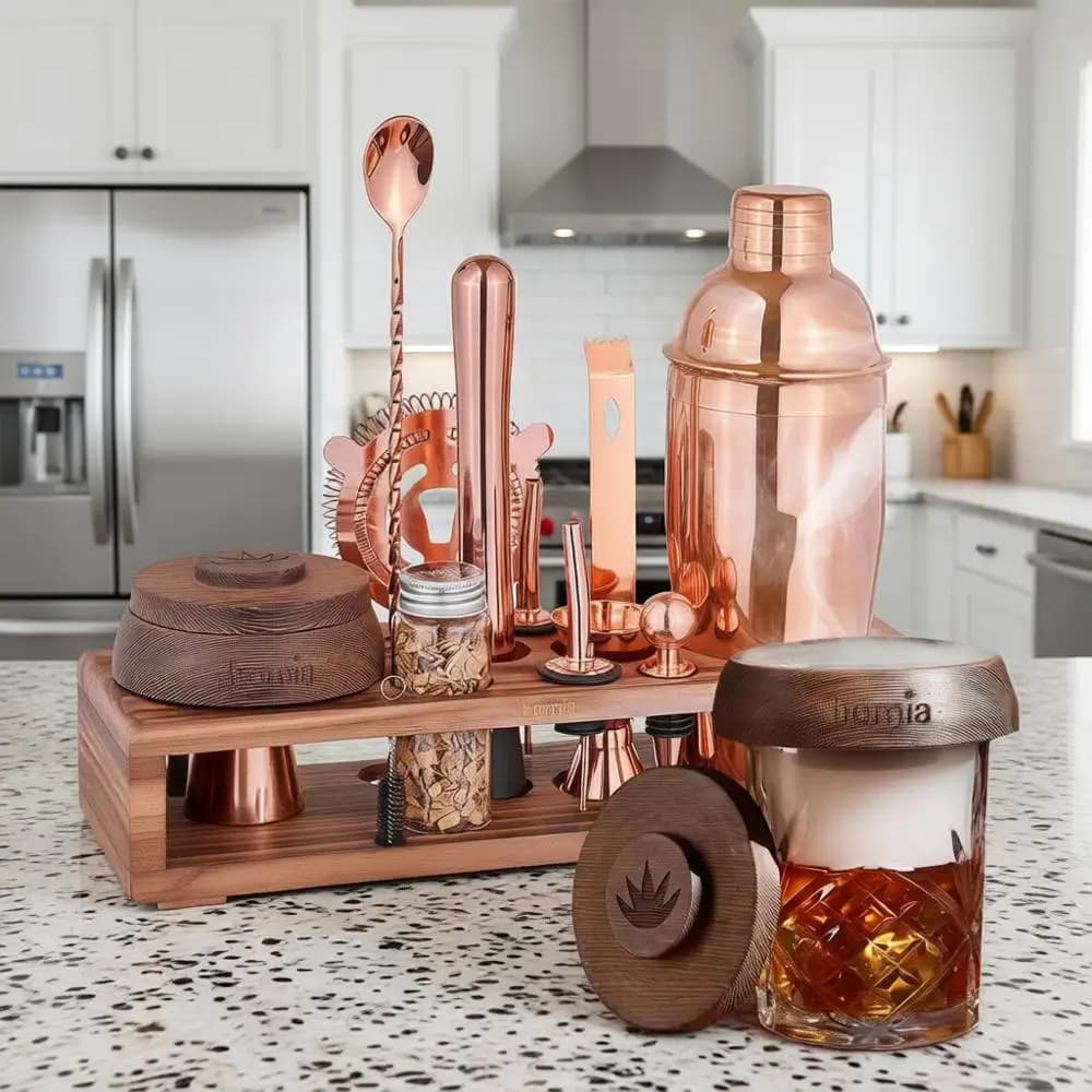 Kit da Barman con Affumicatore per Whisky - 13 Pezzi, Supporto in Pino, Shaker per Cocktail, Kit Essenziale per Bar, Trucioli di Legno, Rosa G