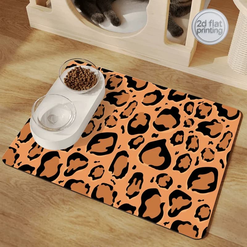 Tappetino per Cibo per Cani e Gatti ad Assorbimento Rapido con Motivo Leopardato | Tappetino Antiscivolo per Alimentazione Animali Domestici