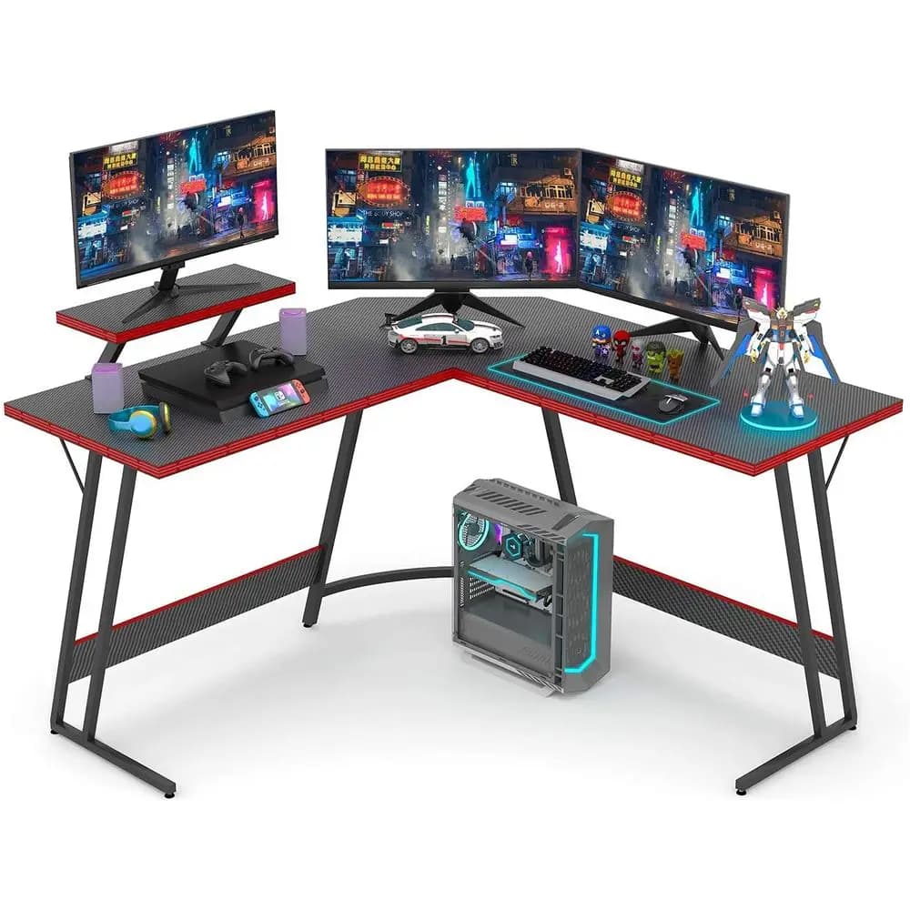 Scrivania da Gaming a L 51 con Supporto Monitor, Scrivania per Ufficio Domestico per Gaming, Scrittura, Studio e Postazione di Lavoro - Nero Fibra di Carbonio