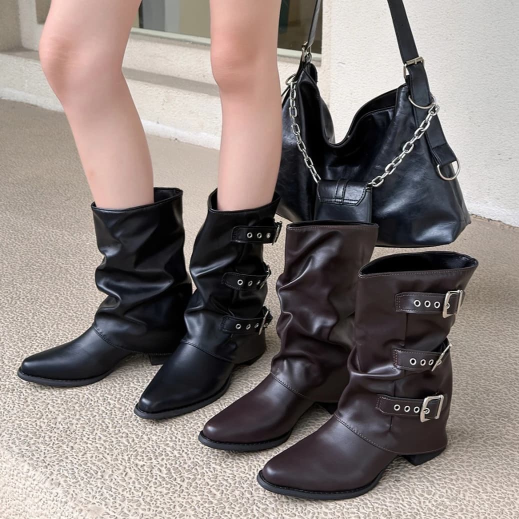 Designer Pointed Toe Belt Buckle Mid-Calf Boots Women Street Style Pleated Pointed Toe Boots Woman Black Leather Western Booties