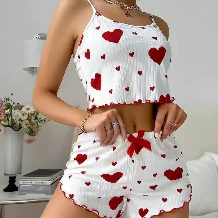 Pigiama da donna estivo nuovo set traspirante morbido casual amore stampato design dolce casa cinturino pantaloncini pigiama