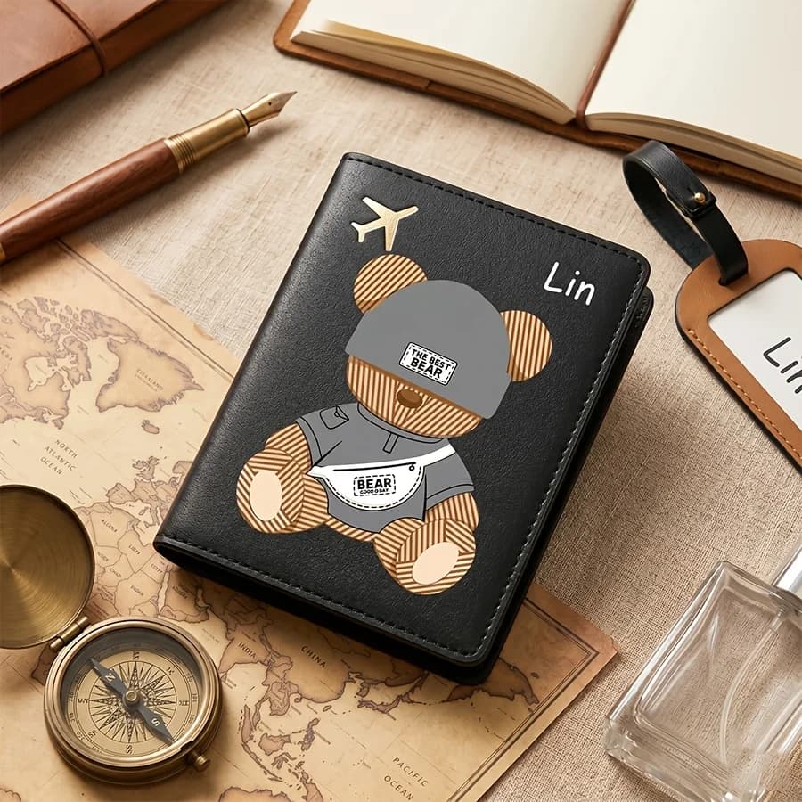 1pc Personalized Custom Text Name Passport Holder Foldable Travel Accessory,Cute Cartoon Pattern Design, Lightweight And Durable