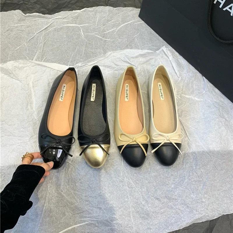 Women Leather Flat Shoes Fashionable Round Toe Casual Ballerina Bow Ballet Shoes Soft Moccasin Black with Beige Lolita Shoes