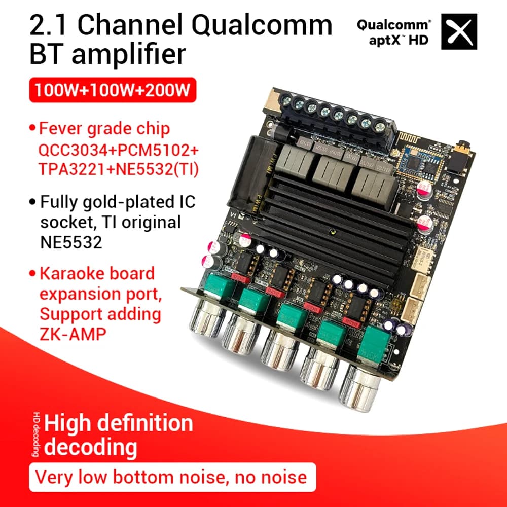 ZK-APTX1 Bluetooth Amplifier Board 2.1 Channel 100Wx2+200W Subwoofer HiFi Stereo Amplifier Module QCC3034+TPA3221 Audio Decoder