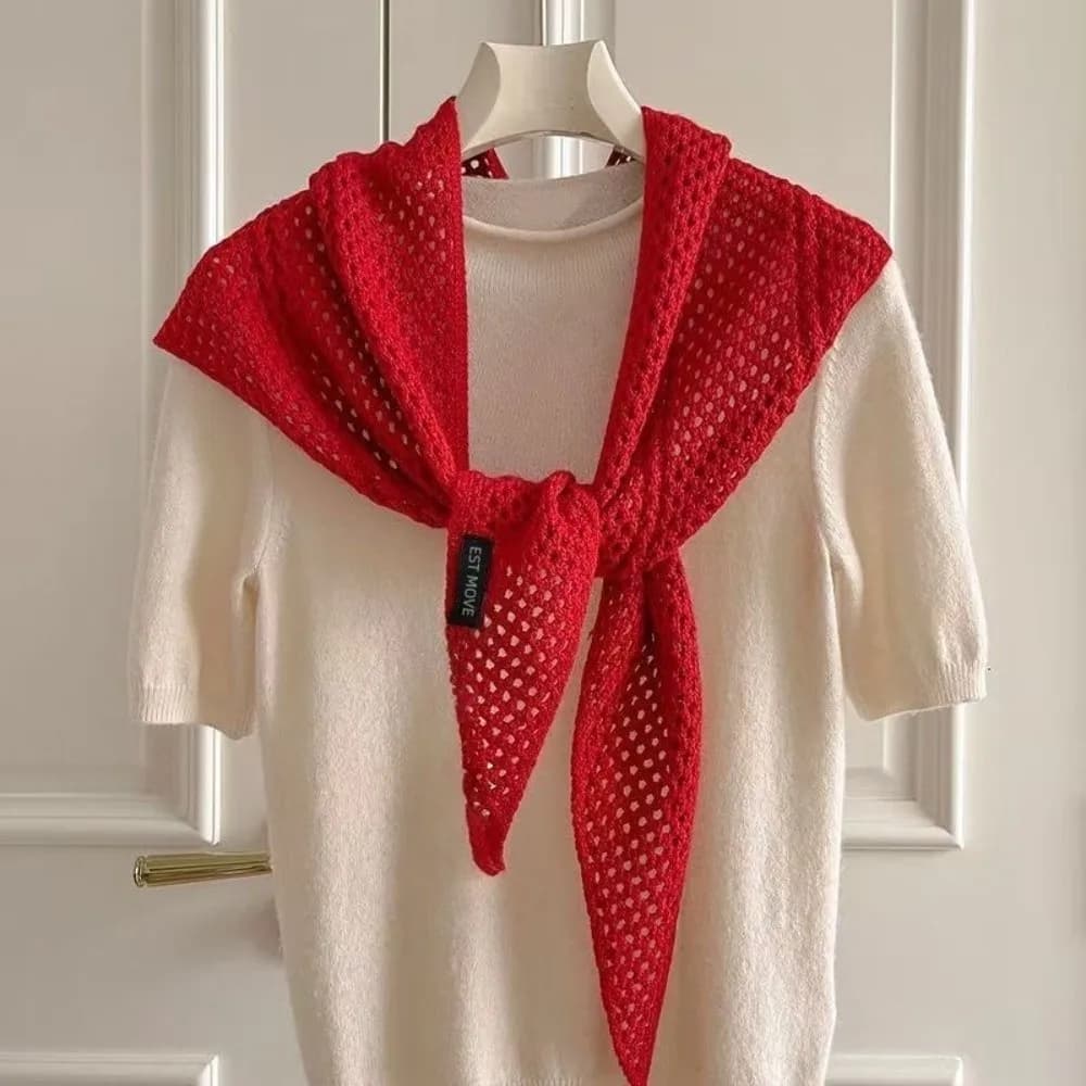 Hollow Out Knit Hollow Out Shawl 2 in 1 Design Lightweight Mesh Triangle Shawl Pompom Detail Layering Cover Up Waist Wrap Belt