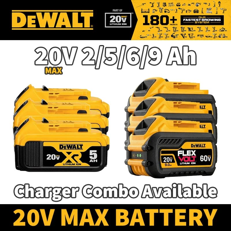 Batteria Originale DeWALT 20V 5.0Ah per Utensili Elettrici, Set Caricabatterie 60V 9.0Ah FlexVolt, Batterie Li-Ion XR DCB205, DCB206, DCB202, DCB609
