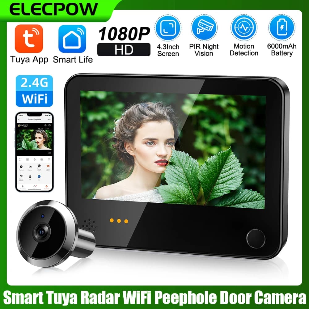 Elecpow Tuya Wifi Spioncino Telecamera 1080P Smart PIR Visione notturna Radar Rilevazione movimento Telecamera per porta Batteria al litio 6000 integrata