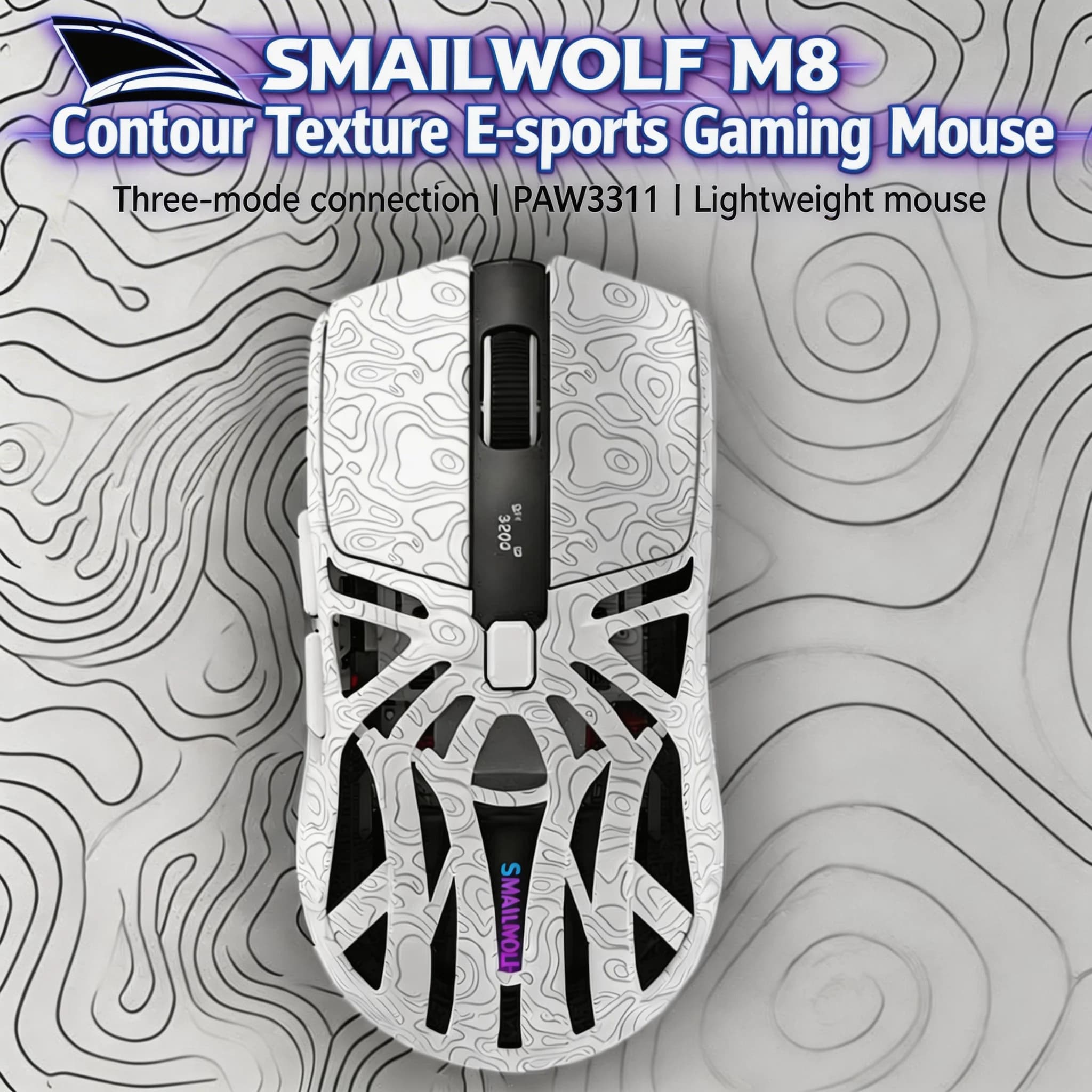 Mouse SMAILWOLF M8 Contour a tre modalità, leggero, Bluetooth, wireless, da gioco, per computer, e-sport, PWA3311, con base magnetica