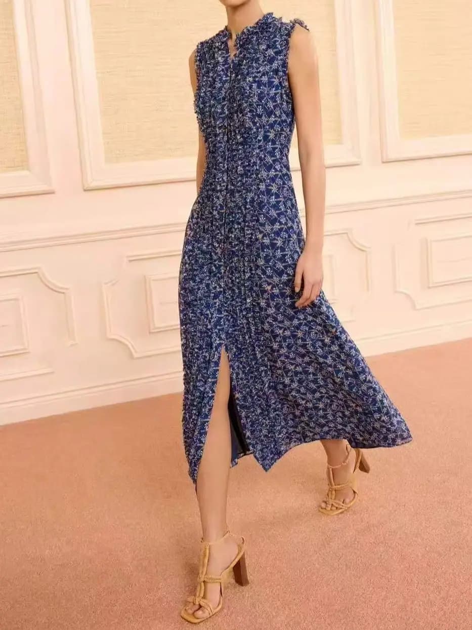Summer 2026 Women's 100% Silk Long Dress Flower Printed Ruffled Collar Sleeveless Single Breasted Vintage Female Robe
