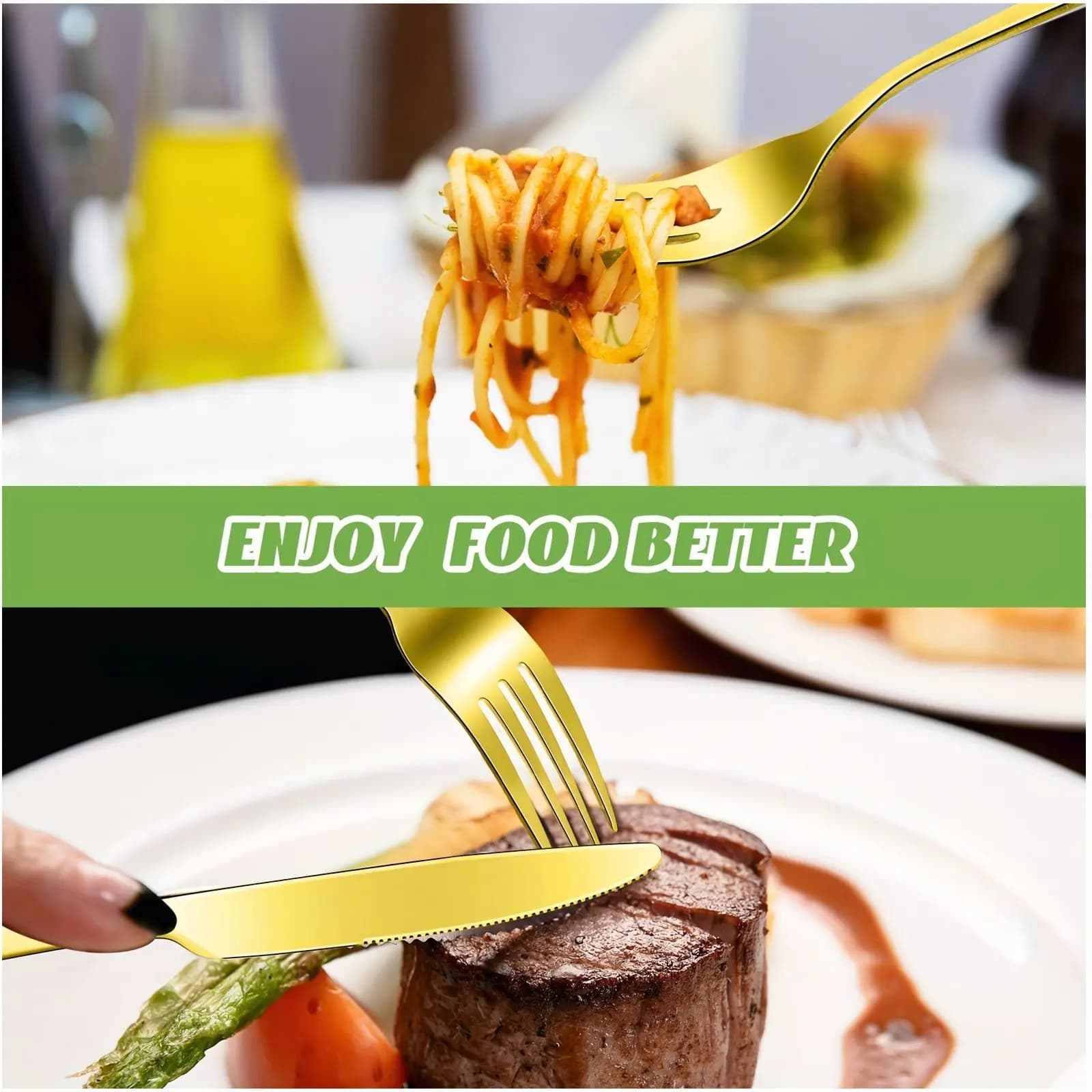 100-Piece Elegant Golden Flatware Set – Dinner Forks & Knives for Home, Kitchen, Restaurant or Hotel Use | Dishwasher-Safe Cutlery | Smooth-Edged Tableware | Modern Minimalist Design | Includes 50 Forks + 50 Knives | Lightweight Yet Sturdy | Polished Fini