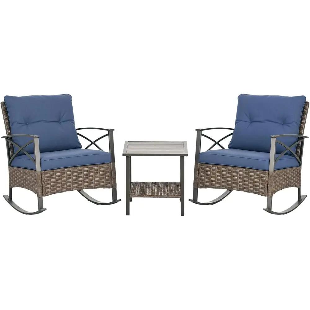 Set of 3 piece outdoor wicker rocking chairs with cushions and table at 2 levels in navy blue