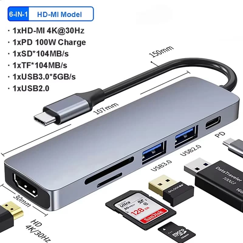 Hub USB C 6IN1 3.0 Adattatore USB C compatibile HDMI 4K con lettore di schede TF SD tipo C PD per MacBook pro Air M1 iPad Espansore per laptop