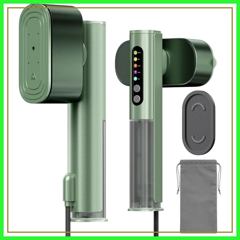 Vaporizzatore da Viaggio per Vestiti, Doppia Tensione 100-240V, Stiratore e Vaporizzatore 2-in-1, Riscaldamento Rapido in 15s, Rimuovi Pieghe Compatto Portatile, Verde