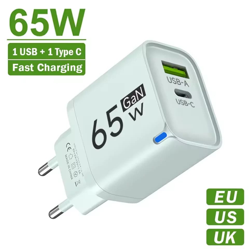 65W USB Charger with Quick Charging, Type C Quick Charger, Portable Wall Adapter for Cell Phone, EU/US/UK socket for iPhone, Samsung, Xiaomi