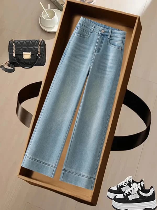 High Waist Slimming Stretchy Light Blue Straight Leg Jeans Women's Wide Leg Pants Casual Style Nine Points Length Summer Season