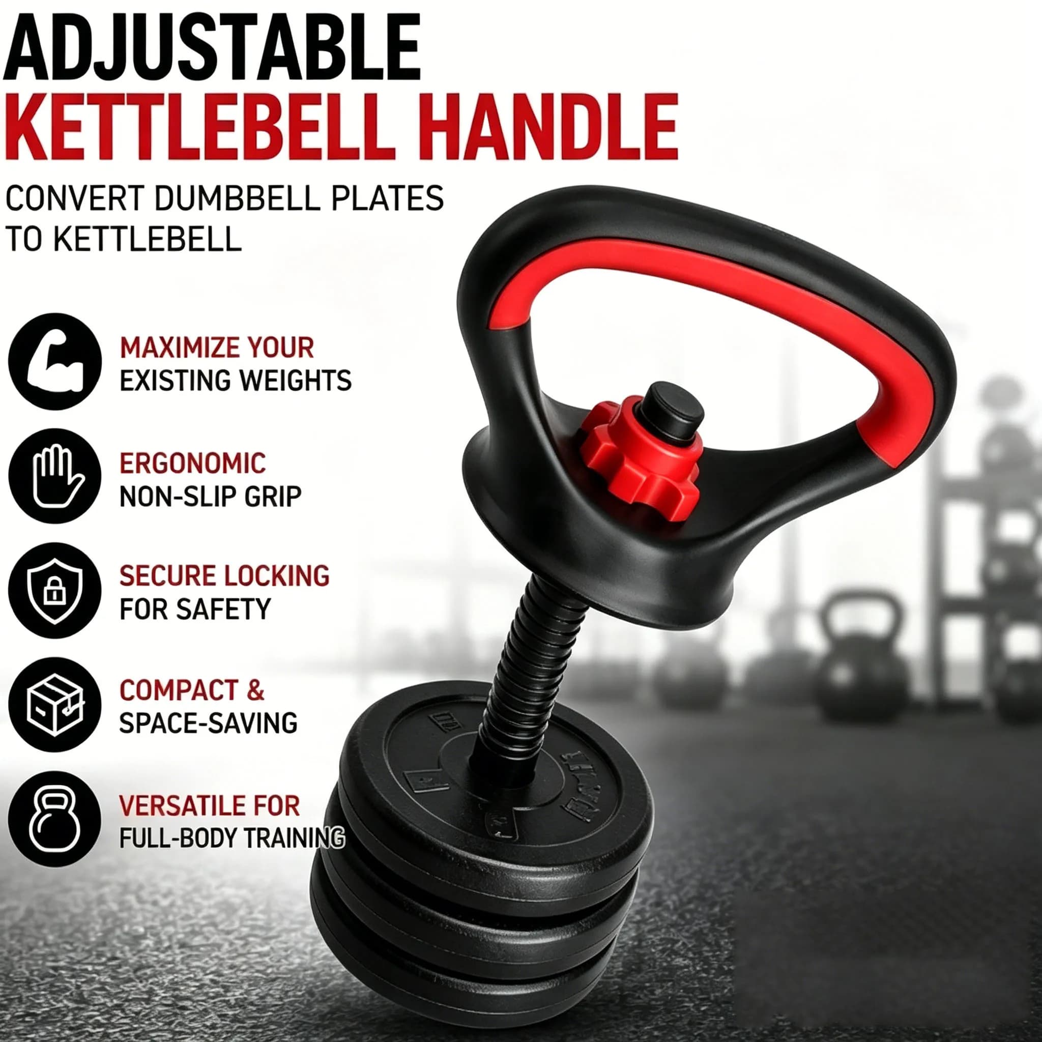 Adjustable Kettlebell Handle Convert Dumbbell Plates to Kettlebell Ergonomic Non-Slip Grip for Home Gym Workouts Space-Saving