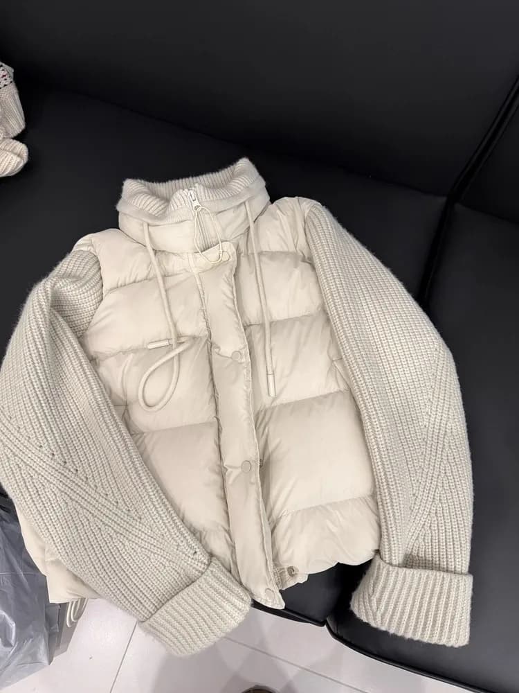 Korean Style plus Size Knitted Patchwork Stand Collar Jacket Women's Fashionable Winter Outerwear Slimming Versatile Coat
